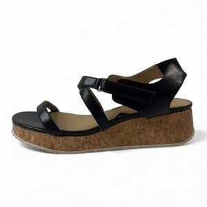 Adrienne Vittadini Black Leather Cork Wedge Sandals With Adjustable Straps Women